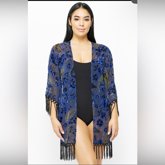 RD Koko Velvet Burnout Cardigan  S Sheer Boho Paisley Fringe Duster - Picture 1 of 8